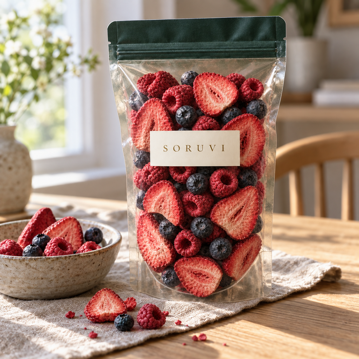 SORUVI Berry Velvet transparent pouch with strawberry blueberry and raspberry in a natural-light setting