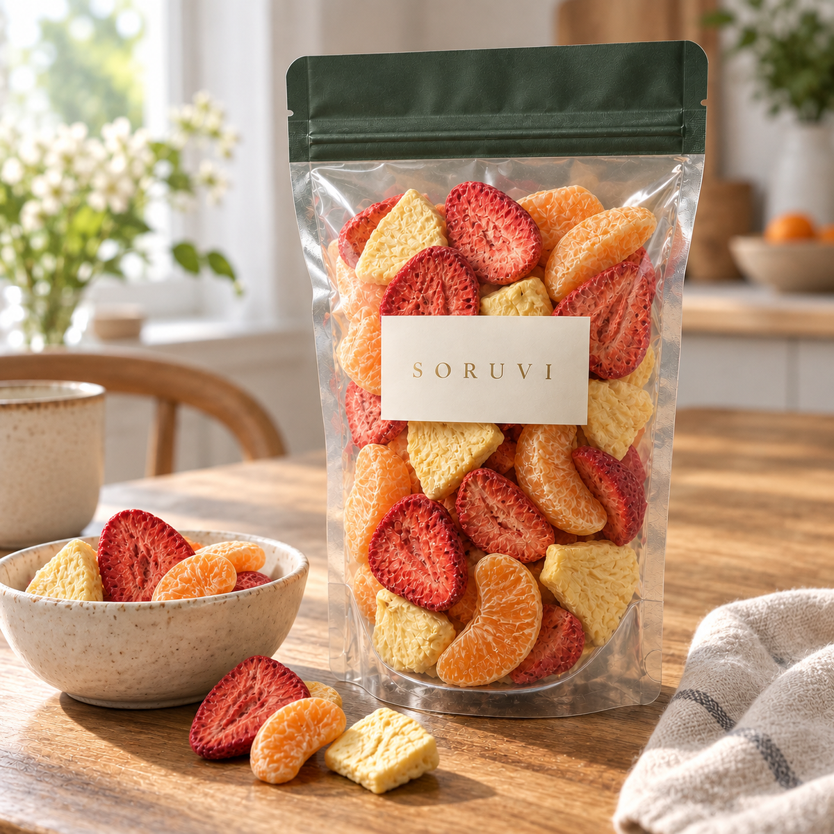 SORUVI Citrus Bloom transparent pouch with mandarin pineapple and strawberry in a natural-light setting