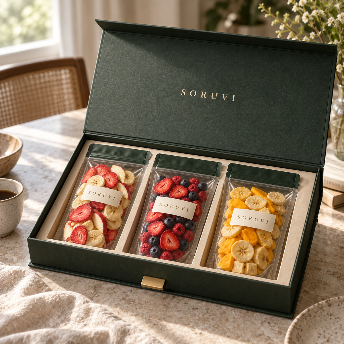 SORUVI Discovery Trio gift collection in a natural-light setting