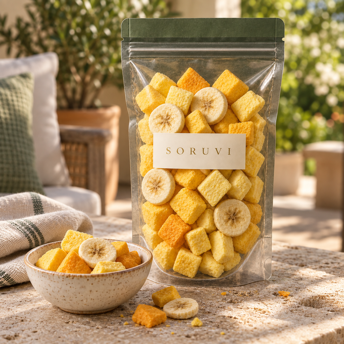 SORUVI Golden Tropics transparent pouch with mango pineapple and banana in a natural-light setting