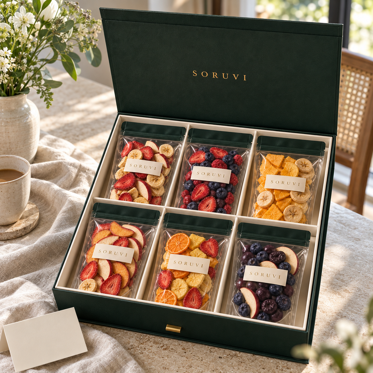 SORUVI Grand Collection gift presentation in a natural-light setting
