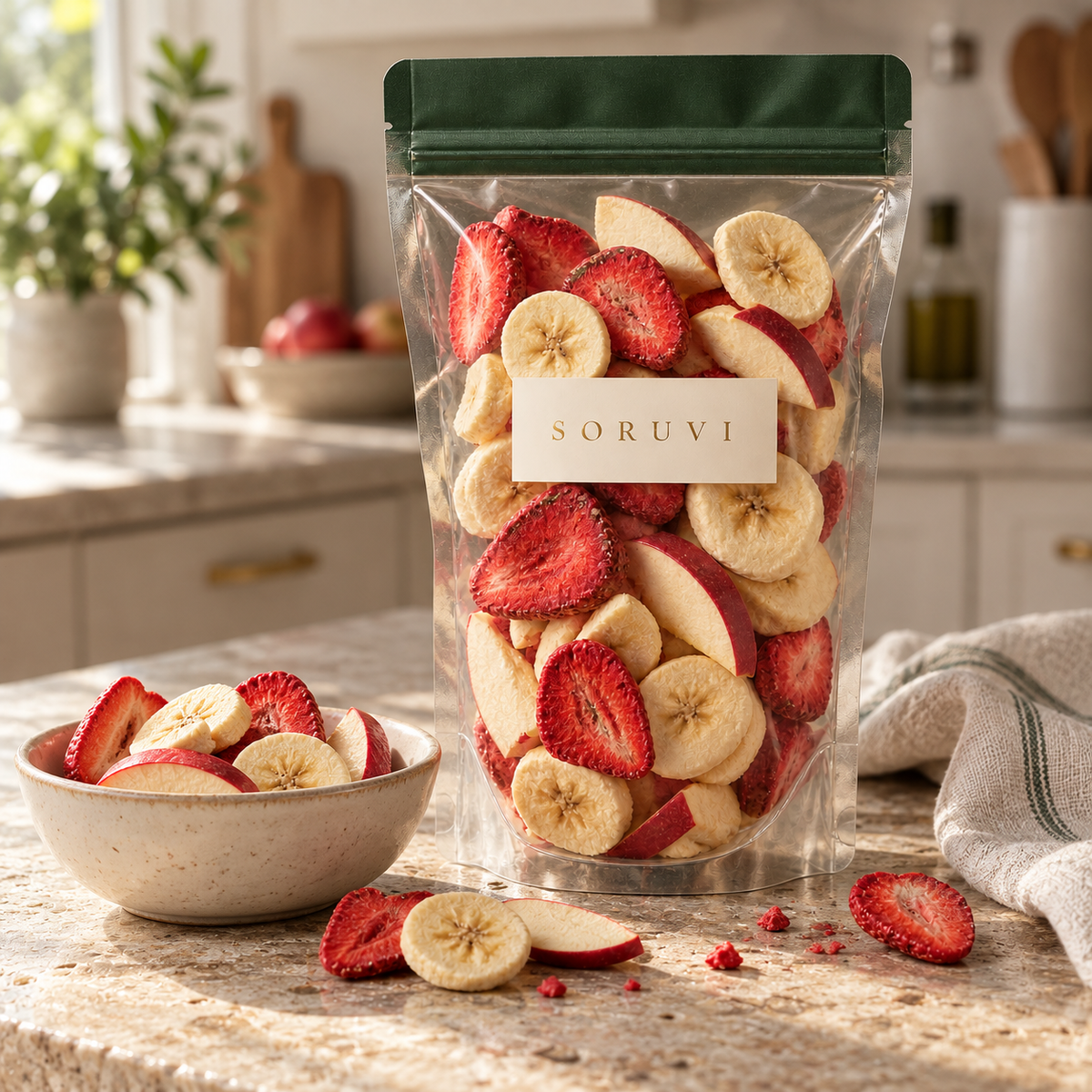 SORUVI Orchard Rouge transparent pouch with strawberry apple and banana in a natural-light setting