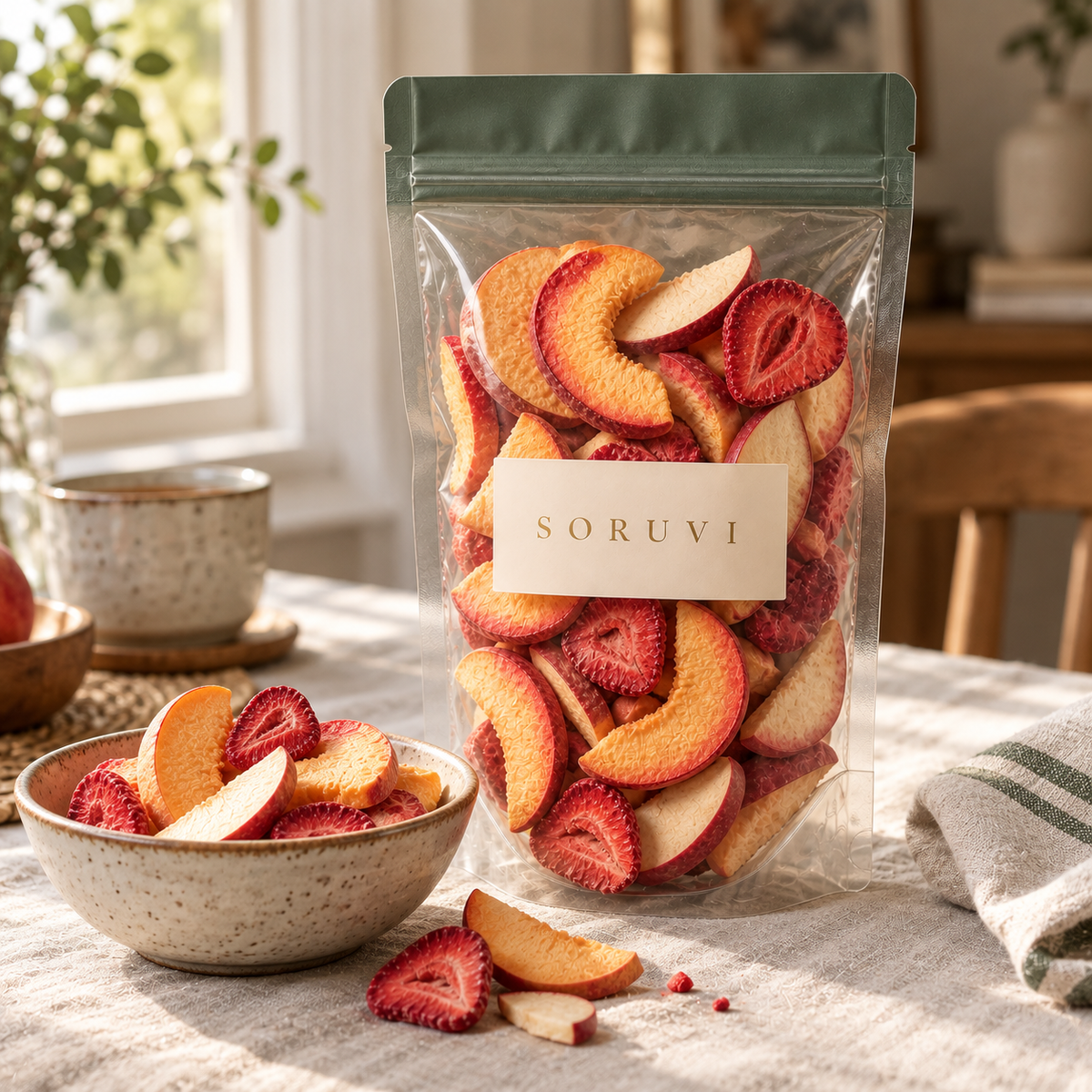 SORUVI Peach Garden transparent pouch with peach strawberry and apple in a natural-light setting