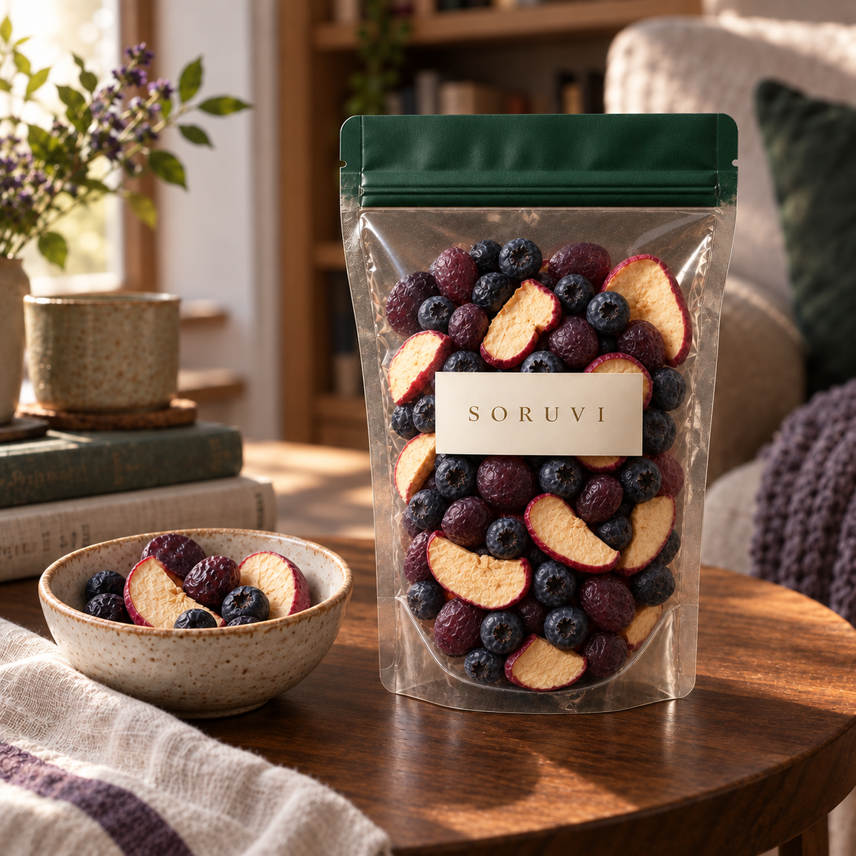 SORUVI Violet Orchard transparent pouch with blueberry grape and apple in a natural-light setting